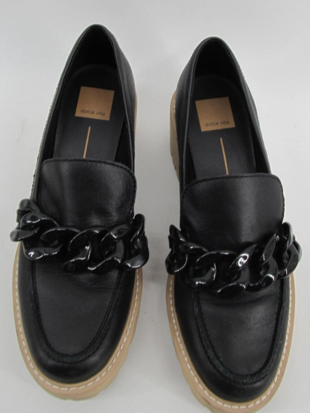 Dolce Vita Lug Sole Chain Detail Black Leather Haris Platform Loafers Sz 8.5